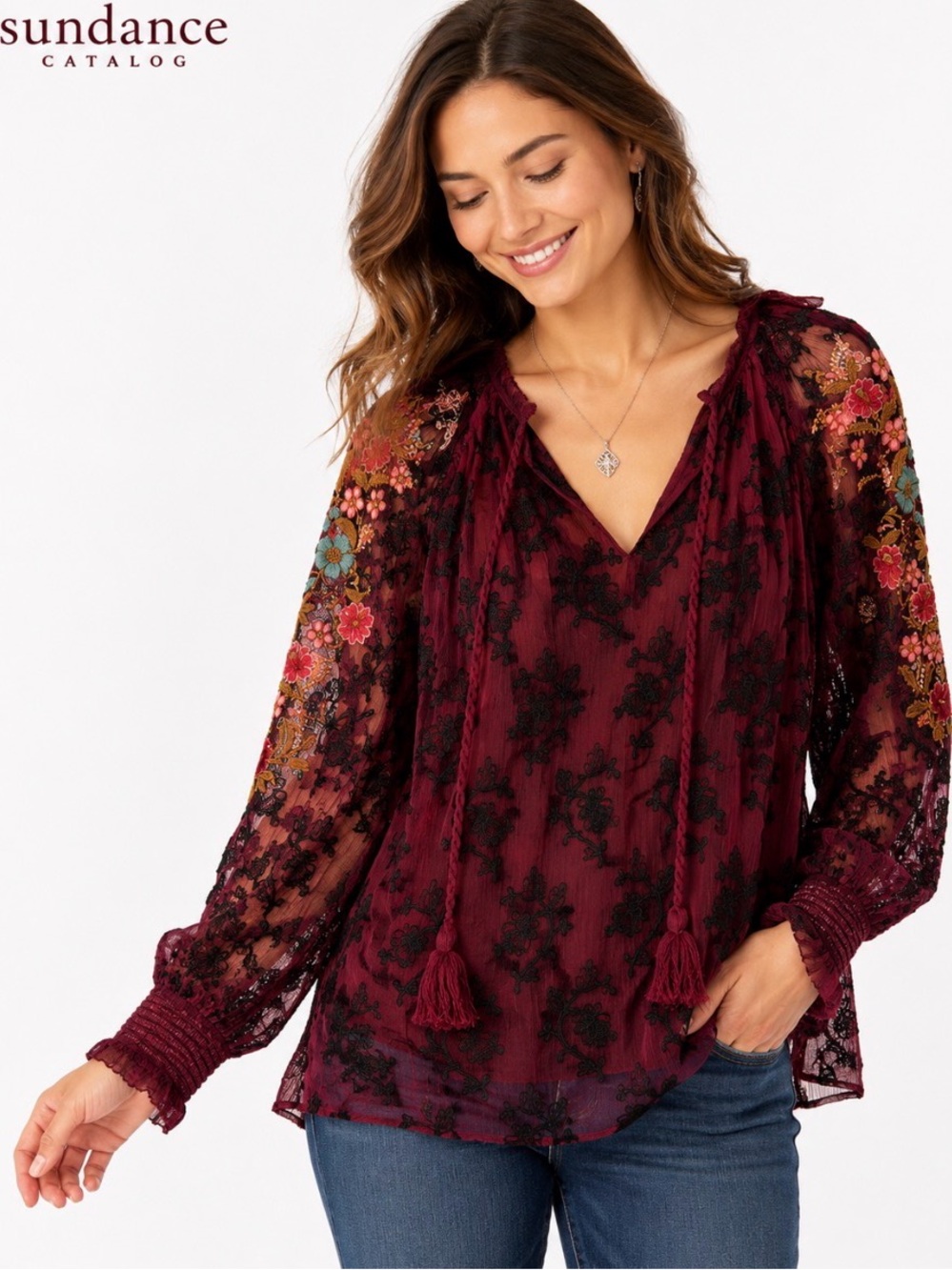 NWT Sundance Romantic Embroidered Mesh Floral Tassel Blouse M